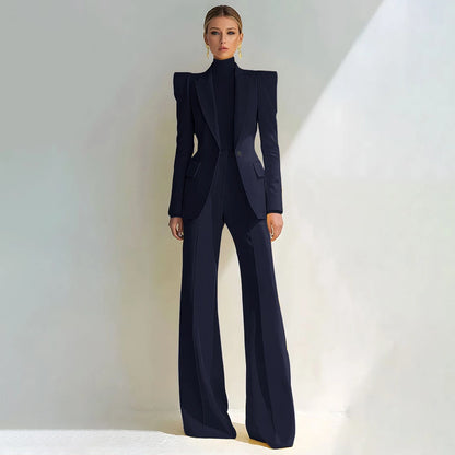Professional Women's Red Suit Female Elegant Blazer and Flared Pants