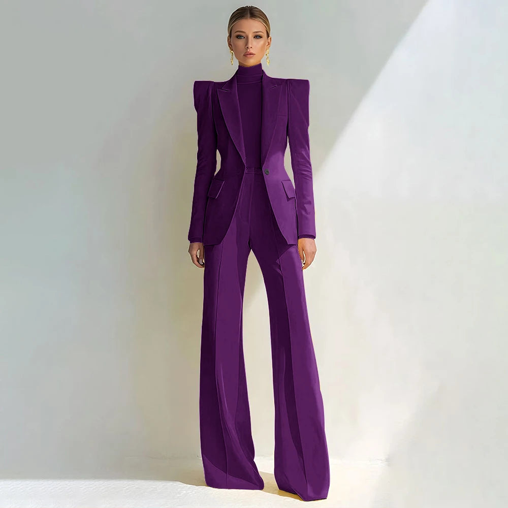 Professional Women's Red Suit Female Elegant Blazer and Flared Pants