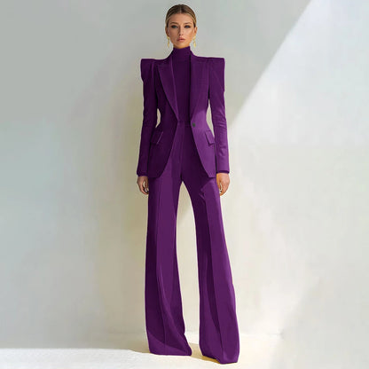 Professional Women's Red Suit Female Elegant Blazer and Flared Pants