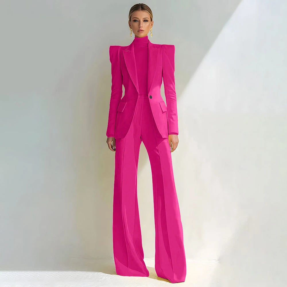 Professional Women's Red Suit Female Elegant Blazer and Flared Pants