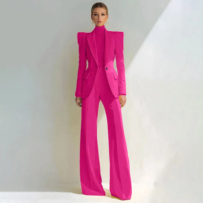 Professional Women's Red Suit Female Elegant Blazer and Flared Pants