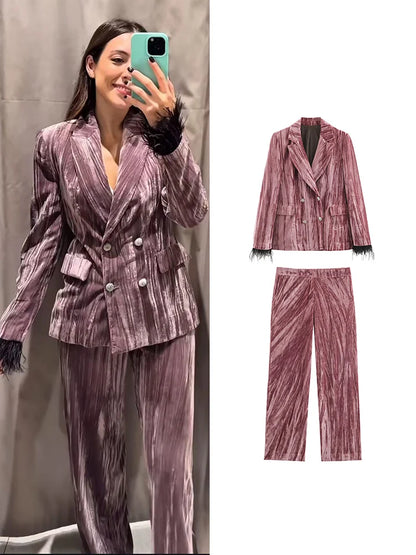 Women's Blazer Pants Set With Feather Cuffs Vintage Velvet