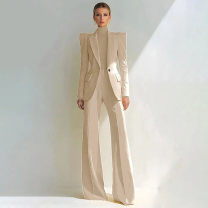 Professional Women's Red Suit Female Elegant Blazer and Flared Pants