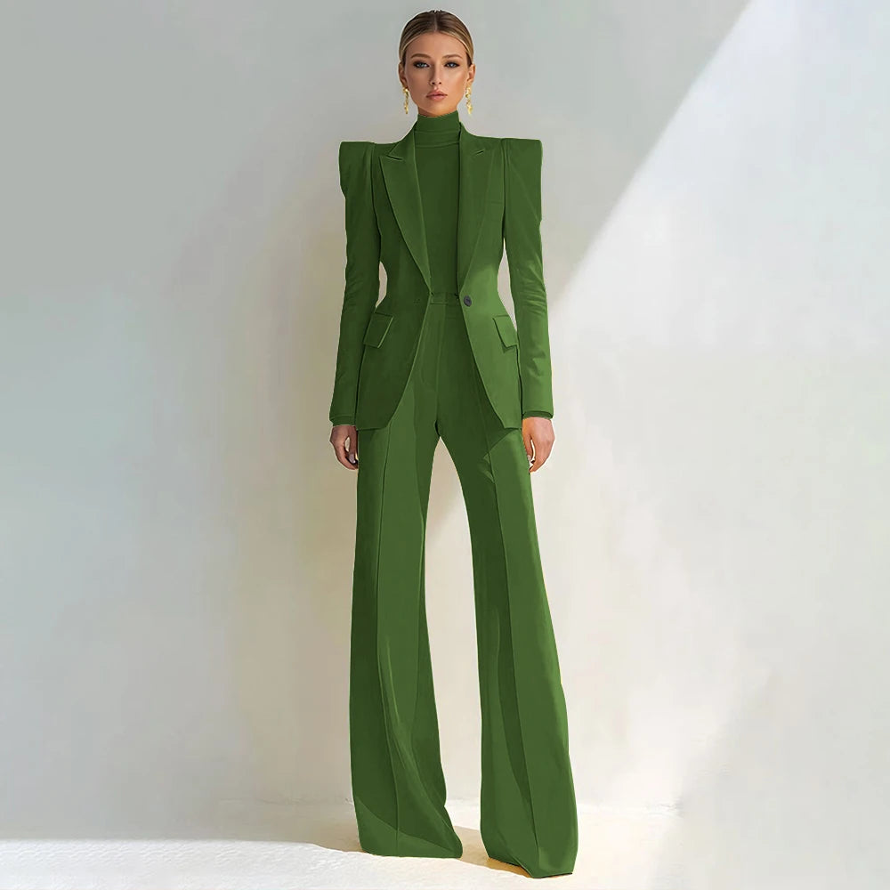 Professional Women's Red Suit Female Elegant Blazer and Flared Pants