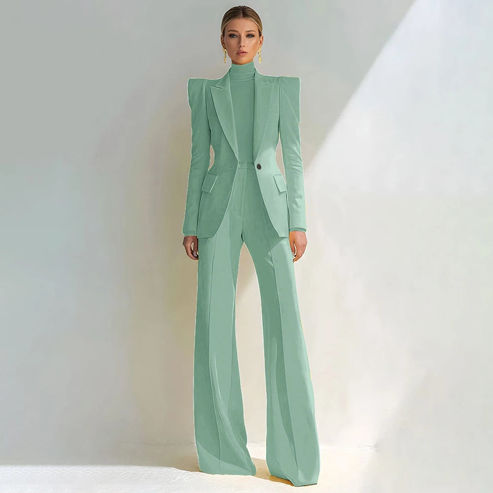 Professional Women's Red Suit Female Elegant Blazer and Flared Pants