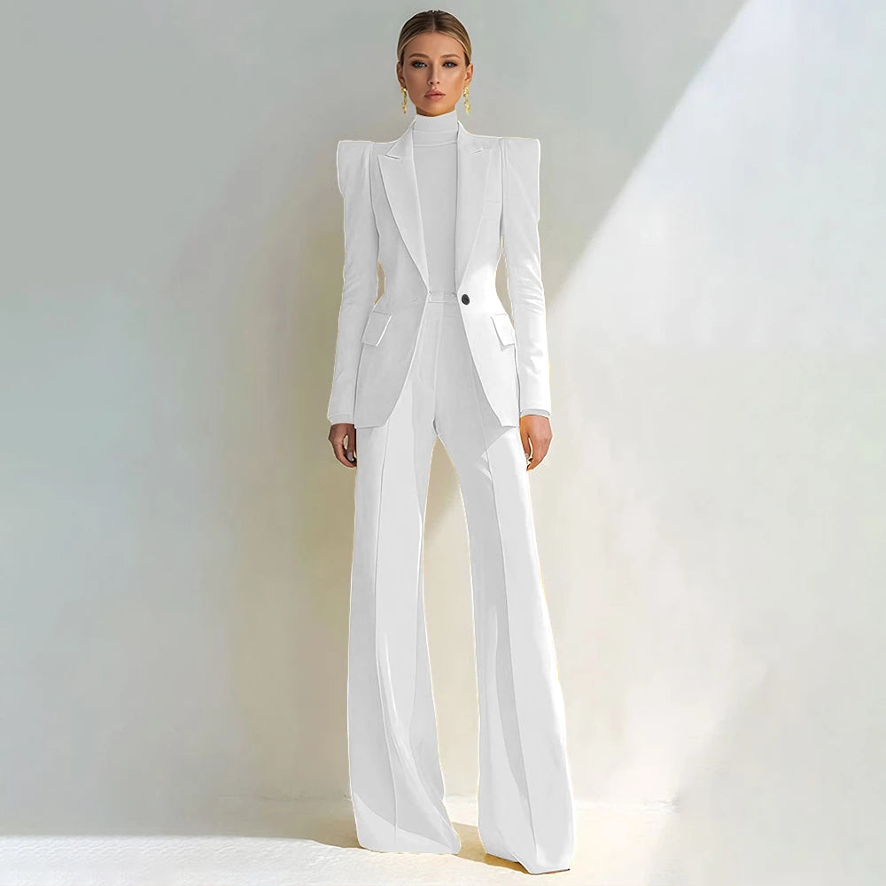 Professional Women's Red Suit Female Elegant Blazer and Flared Pants
