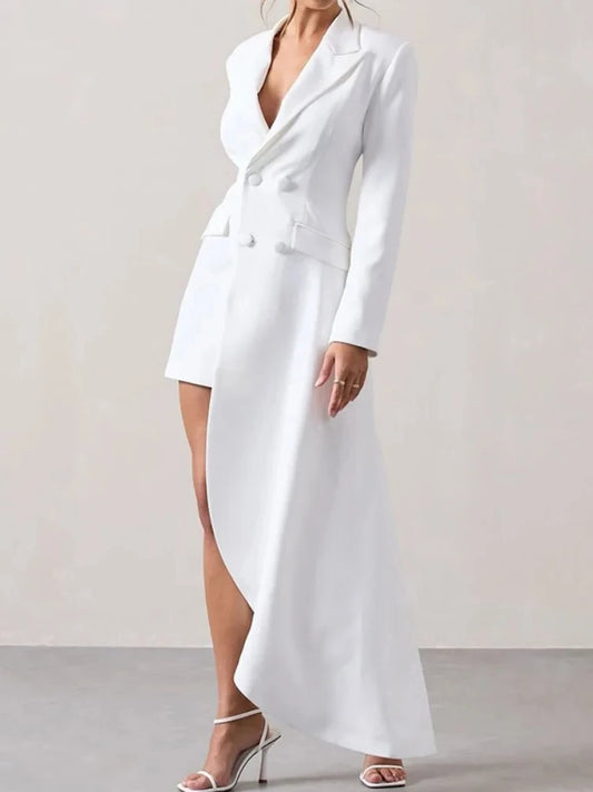 Female Black White High-low Notched Collar Blazer