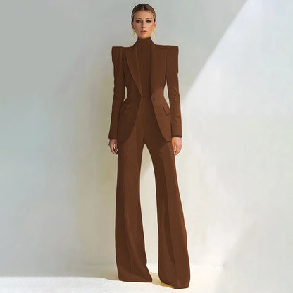 Professional Women's Red Suit Female Elegant Blazer and Flared Pants