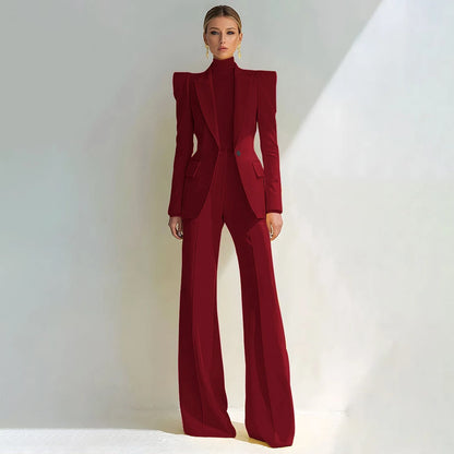 Professional Women's Red Suit Female Elegant Blazer and Flared Pants