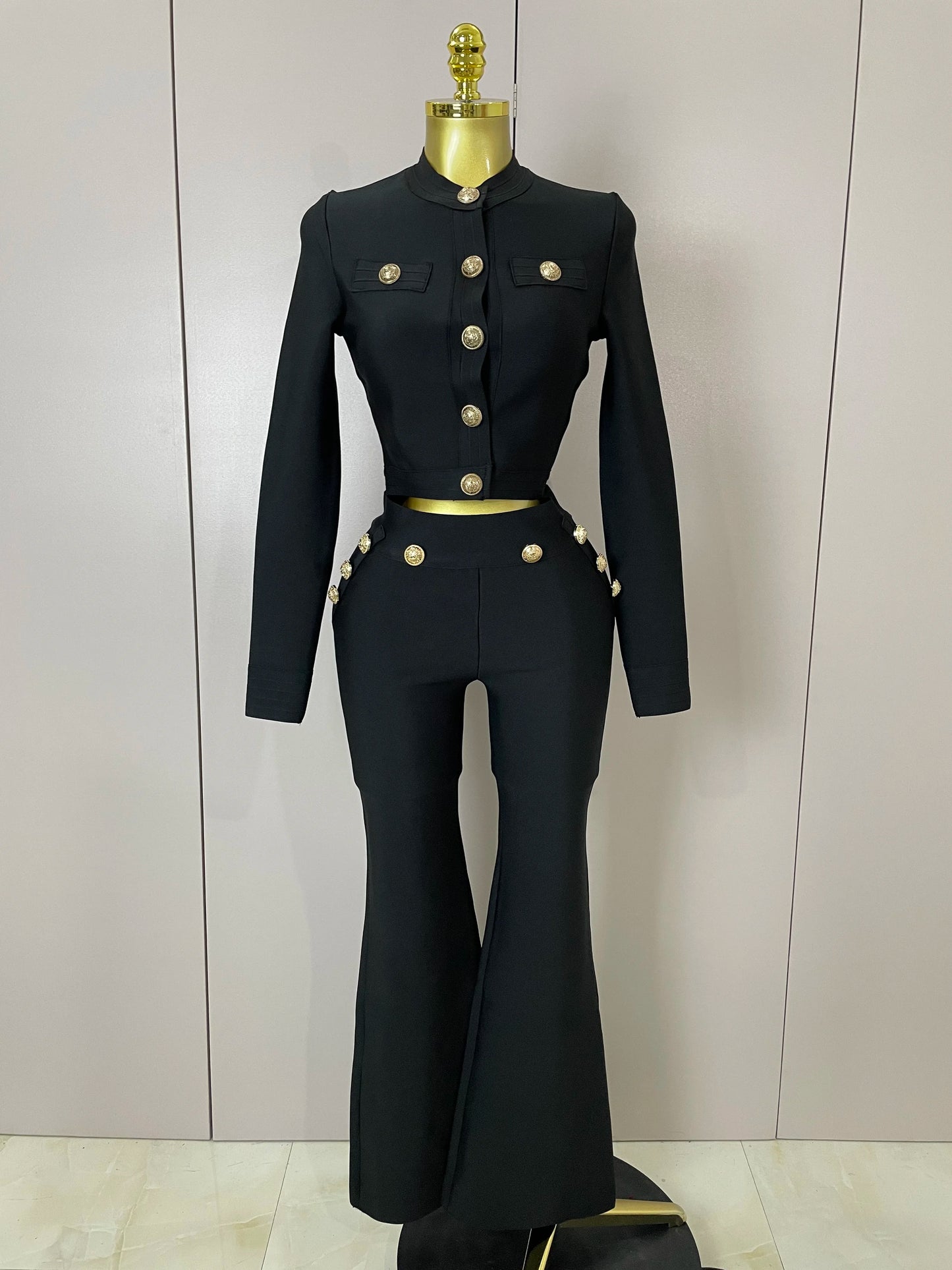 Golden Buttons Short Coat Top and Flare Pants Bandage 2 Pieces Set