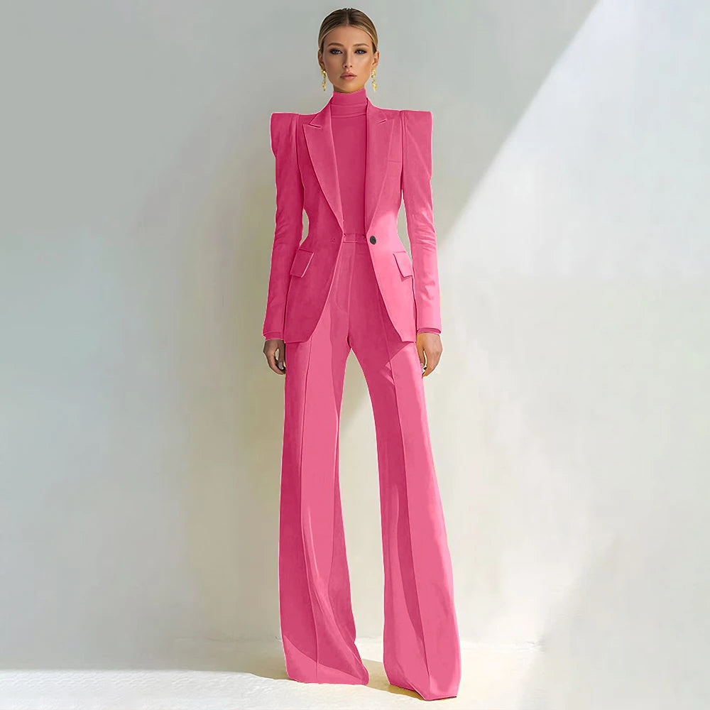 Professional Women's Red Suit Female Elegant Blazer and Flared Pants